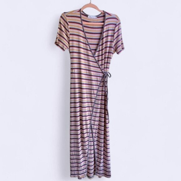 All in Favor Ribbed Wrap Dress in Multicolor Stripes - Picture 1 of 14